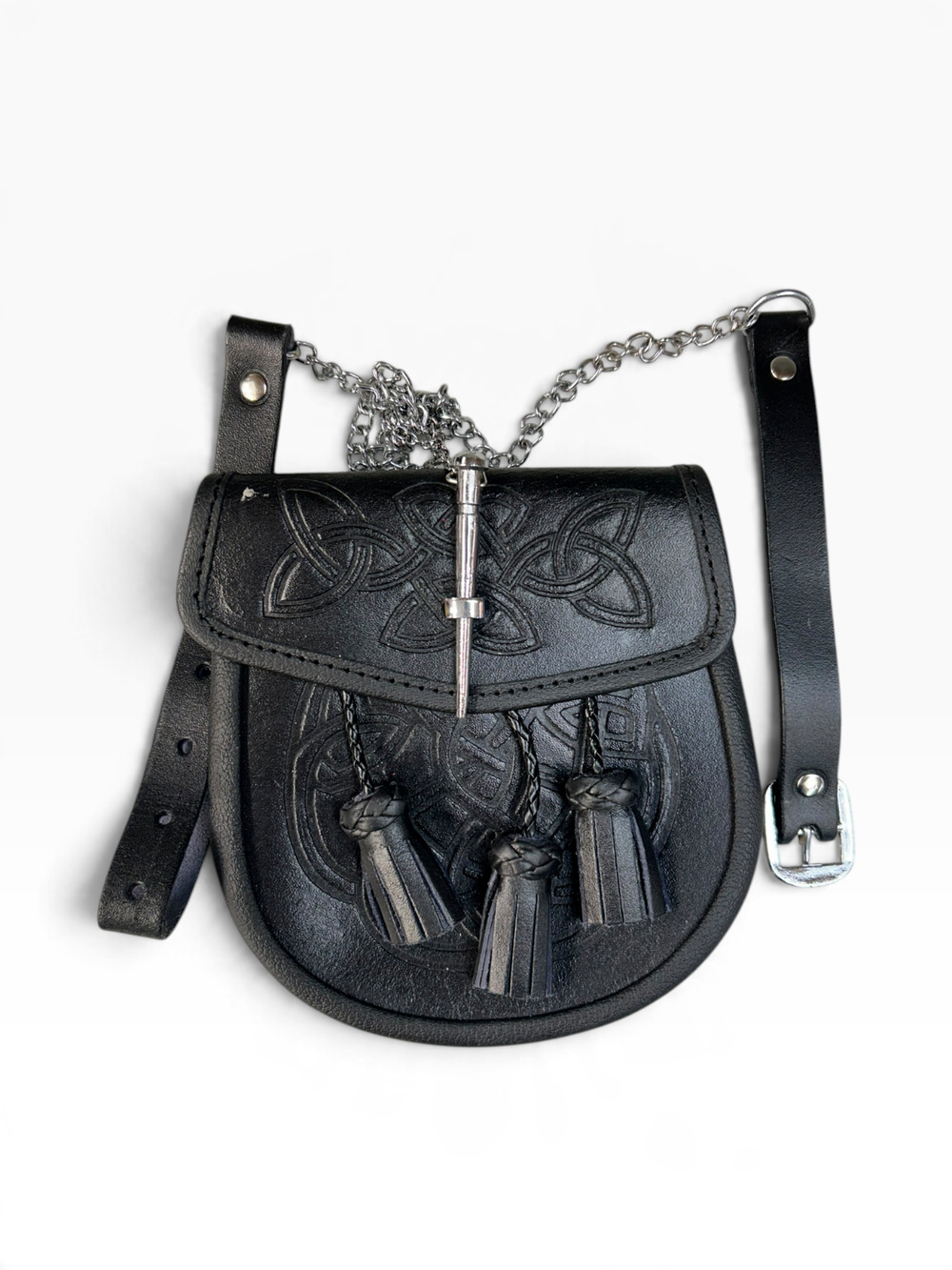 Scottish Celtic Embossed Black Leather Kilt Sporran Pouch with Pin Lock